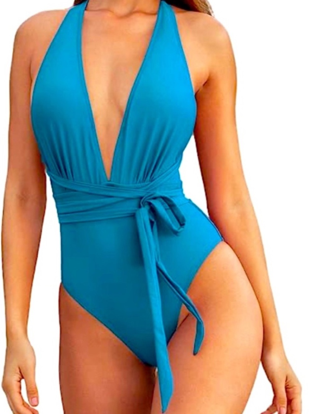 CUPSHE NWT Teal Plunge Halter One Piece Swimsuit XL Cutout Wrap Tied